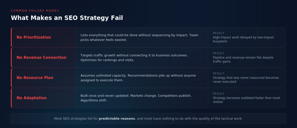 List of reasons SEO strategies often fail.
